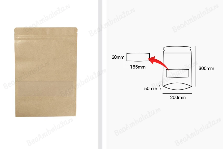 Kraft DoyPack  200x50x295 mm kesice sa zip zatvaranjem i prozorom, unutrašnjom i spoljašnjom providnom oblogom, ovalnim dnom i sa mogućnošću termo zatvaranja - 100 kom-dimenzije_slike