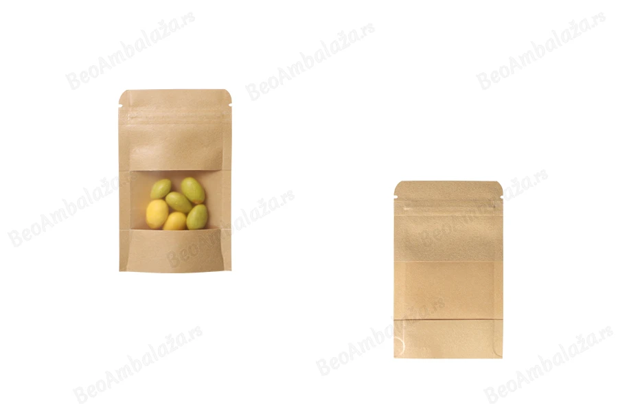 Kraft DoyPack kesice sa zip zatvaranjem i prozorom  80x30x130mm , unutrašnjom i spoljašnjom providnom oblogom, ovalnim dnom i sa mogućnošću termo zatvaranja– 100kom-grupa_slika