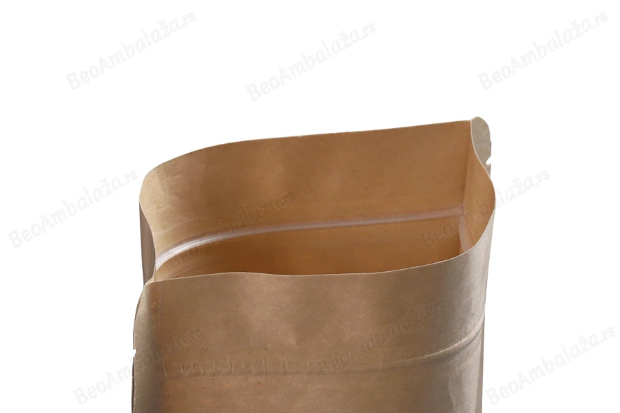 Kraft DoyPack kesice 120x40x200mm sa zip zatvaranjem i prozorom, unutrašnjom i spoljašnjom providnom oblogom, ovalnim dnom i sa mogućnošću termo zatvaranja – 100kom-