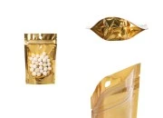 Aluminijumske DoyPack kesice sa zip zatvaranjem, zlatnom zadnjom i transparentnom prednjom stranom, ovalnim dnom i sa mogućnošću termo lepljenja 90x30x140mm – 100kom Aluminijumske DoyPack kesice sa zip zatvaranjem, zlatnom zadnjom i transparentnom prednjom stranom, ovalnim dnom i sa mogućnošću termo lepljenja 90x30x140mm – 100kom