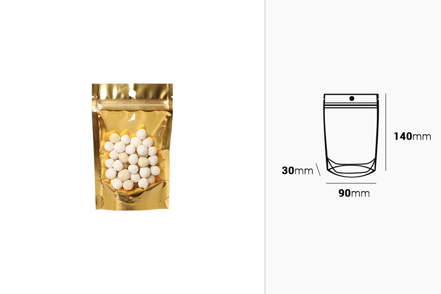 Aluminijumske DoyPack kesice sa zip zatvaranjem, zlatnom zadnjom i transparentnom prednjom stranom, ovalnim dnom i sa mogućnošću termo lepljenja 90x30x140mm – 100kom Aluminijumske DoyPack kesice sa zip zatvaranjem, zlatnom zadnjom i transparentnom prednjom stranom, ovalnim dnom i sa mogućnošću termo lepljenja 90x30x140mm – 100kom