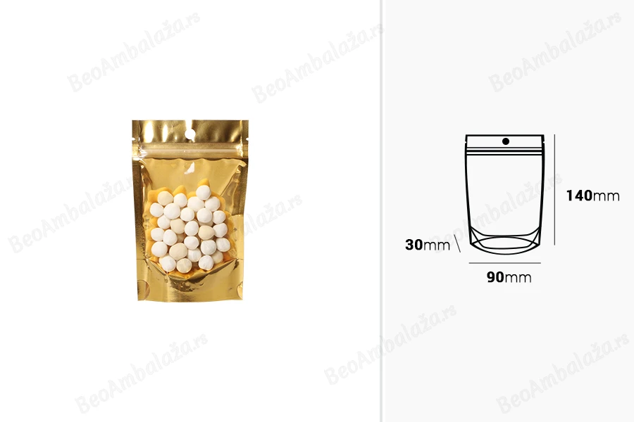 Aluminijumske DoyPack kesice sa zip zatvaranjem, zlatnom zadnjom i transparentnom prednjom stranom, ovalnim dnom i sa mogućnošću termo lepljenja 90x30x140mm – 100kom-dimenzije_slike