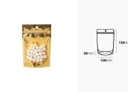 Aluminijumske DoyPack kesice sa zip zatvaranjem, zlatnom zadnjom i transparentnom prednjom stranom, ovalnim dnom i sa mogućnošću termo lepljenja 100x30x150mm – 100kom Aluminijumske DoyPack kesice sa zip zatvaranjem, zlatnom zadnjom i transparentnom prednjom stranom, ovalnim dnom i sa mogućnošću termo lepljenja 100x30x150mm – 100kom