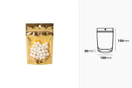 Aluminijumske DoyPack kesice sa zip zatvaranjem, zlatnom zadnjom i transparentnom prednjom stranom, ovalnim dnom i sa mogućnošću termo lepljenja 100x30x150mm – 100kom-2