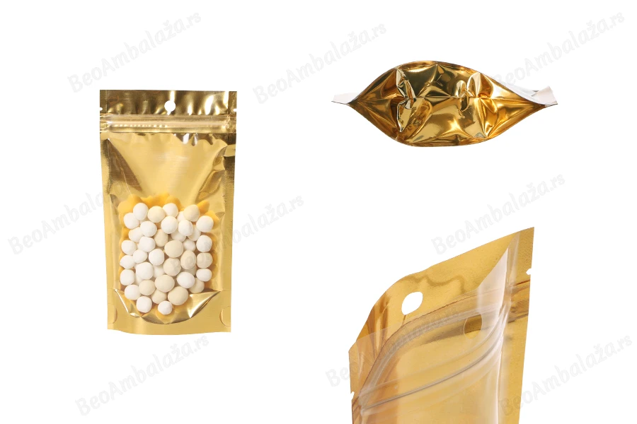 Aluminijumske DoyPack kesice 100x30x180mm sa zip zatvaranjem, zlatnom zadnjom i transparentnom prednjom stranom, ovalnim dnom i sa mogućnošću termo lepljenja – 100kom-slika_proizvoda