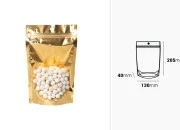 Aluminijumske DoyPack kesice sa zip zatvaranjem, zlatnom zadnjom i transparentnom prednjom stranom, ovalnim dnom i sa mogućnošću termo lepljenja 130x40x205mm – 100kom