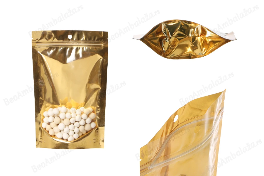 Aluminijumske DoyPack kesice sa zip zatvaranjem, zlatnom zadnjom i transparentnom prednjom stranom, ovalnim dnom i sa mogućnošću termo lepljenja 150x40x230 mm – 100kom-slika_proizvoda
