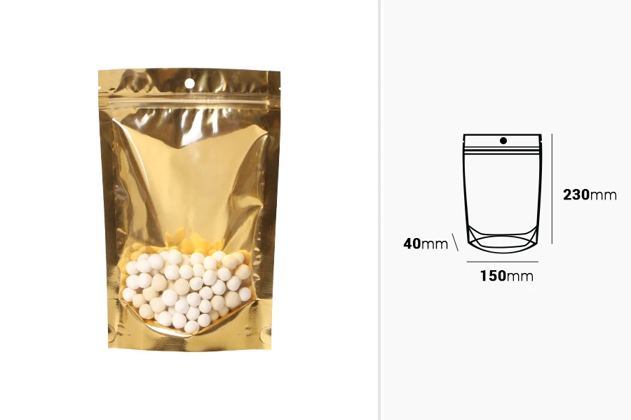 Aluminijumske DoyPack kesice sa zip zatvaranjem, zlatnom zadnjom i transparentnom prednjom stranom, ovalnim dnom i sa mogućnošću termo lepljenja 150x40x230 mm – 100kom Aluminijumske DoyPack kesice sa zip zatvaranjem, zlatnom zadnjom i transparentnom prednjom stranom, ovalnim dnom i sa mogućnošću termo lepljenja 150x40x230 mm – 100kom