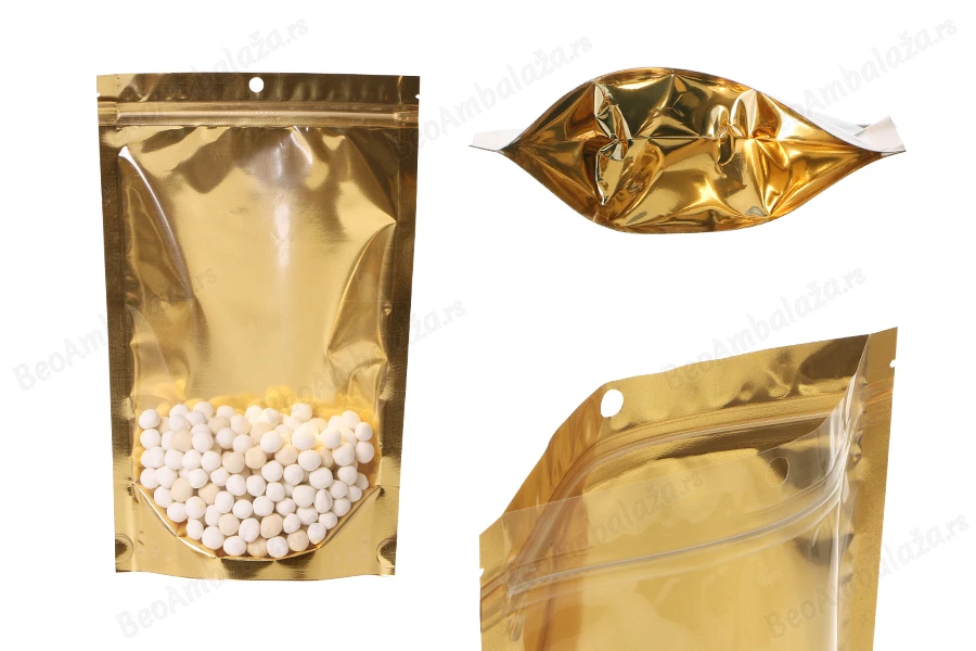Aluminijumske DoyPack kesice sa zip zatvaranjem, zlatnom zadnjom i transparentnom prednjom stranom, ovalnim dnom i sa mogućnošću termo lepljenja 180x50x280mm – 100kom-slika_proizvoda