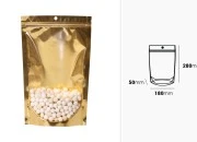 Aluminijumske DoyPack kesice sa zip zatvaranjem, zlatnom zadnjom i transparentnom prednjom stranom, ovalnim dnom i sa mogućnošću termo lepljenja 180x50x280mm – 100kom
