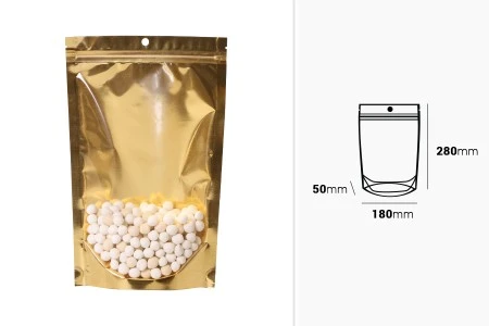 Aluminijumske DoyPack kesice sa zip zatvaranjem, zlatnom zadnjom i transparentnom prednjom stranom, ovalnim dnom i sa mogućnošću termo lepljenja 180x50x280mm – 100kom-2