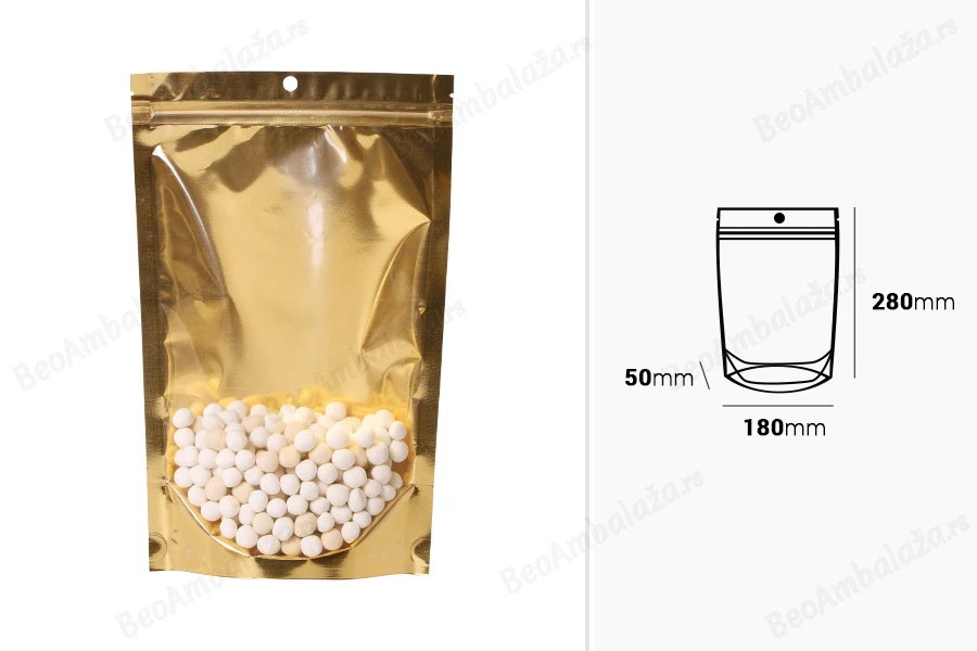 Aluminijumske DoyPack kesice sa zip zatvaranjem, zlatnom zadnjom i transparentnom prednjom stranom, ovalnim dnom i sa mogućnošću termo lepljenja 180x50x280mm – 100kom-dimenzije_slike