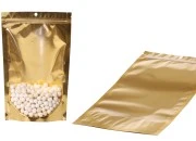 Aluminijumske DoyPack kesice sa zip zatvaranjem, zlatnom zadnjom i transparentnom prednjom stranom, ovalnim dnom i sa mogućnošću termo lepljenja 180x50x280mm – 100kom