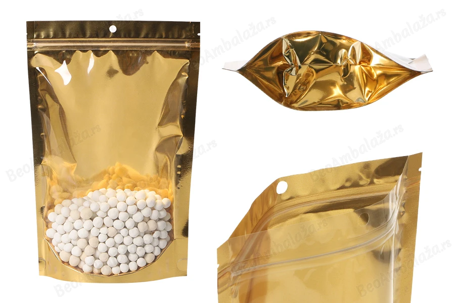 Aluminijumske DoyPack kesice sa zip zatvaranjem, zlatnom zadnjom i transparentnom prednjom stranom, ovalnim dnom i sa mogućnošću termo lepljenja  200x50x300mm – 100kom-slika_proizvoda