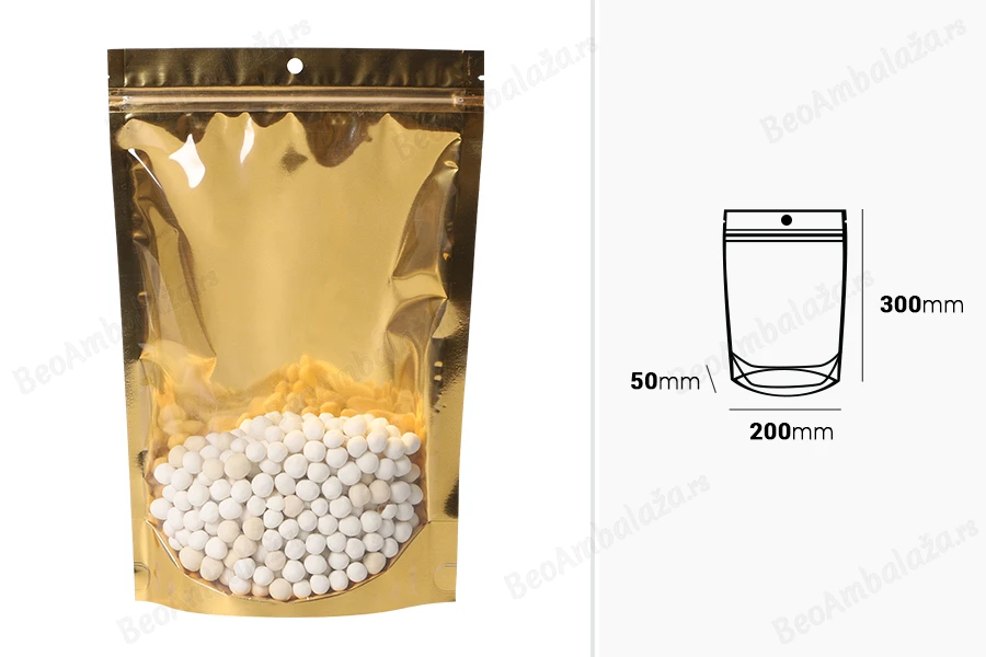 Aluminijumske DoyPack kesice sa zip zatvaranjem, zlatnom zadnjom i transparentnom prednjom stranom, ovalnim dnom i sa mogućnošću termo lepljenja  200x50x300mm – 100kom-dimenzije_slike