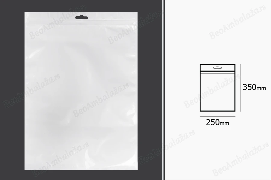 Plastična zip kesica 250x350mm sa belom zadnjom i providnom prednjom stranom i Eurohole otvorom - 100 kom-dimenzije_slike