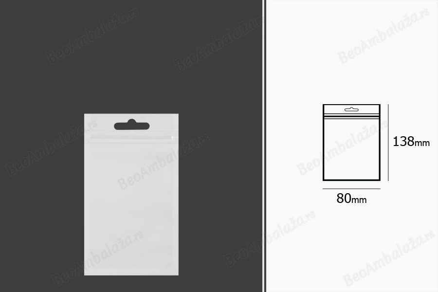 Plastična zip kesica 80x138mm sa belom zadnjom i providnom prednjom stranom i Eurohole otvorom - 100 kom-dimenzije_slike