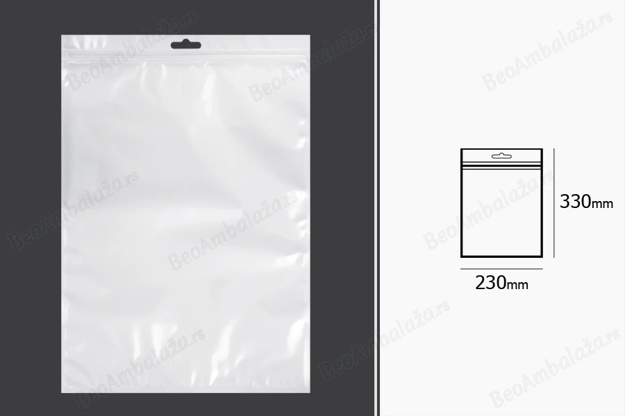 Plastična zip kesica 230x330mm sa belom zadnjom i providnom prednjom stranom i Eurohole otvorom - 100 kom-dimenzije_slike