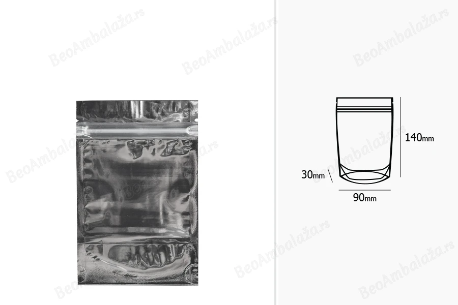 Aluminijumske DoyPack kesice 90x30x140mm sa zipom, transparentnom prednjom stranom, ovalnim dnom i sa mogućnošću termo zatvaranja – 100kom-dimenzije_slike