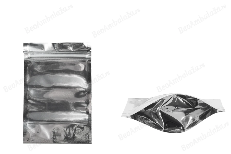 Aluminijumske DoyPack kesice 100x30x150mm sa zipom, transparentnom prednjom stranom, ovalnim dnom i sa mogućnošću termo zatvaranja – 100kom-slika_proizvoda
