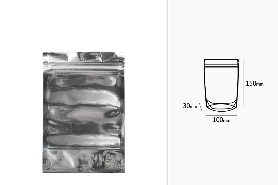 Aluminijumske DoyPack kesice 100x30x150mm sa zipom, transparentnom prednjom stranom, ovalnim dnom i sa mogućnošću termo zatvaranja – 100kom Aluminijumske DoyPack kesice 100x30x150mm sa zipom, transparentnom prednjom stranom, ovalnim dnom i sa mogućnošću termo zatvaranja – 100kom
