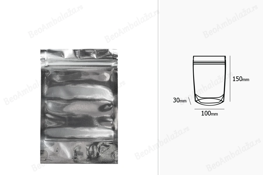 Aluminijumske DoyPack kesice 100x30x150mm sa zipom, transparentnom prednjom stranom, ovalnim dnom i sa mogućnošću termo zatvaranja – 100kom-dimenzije_slike