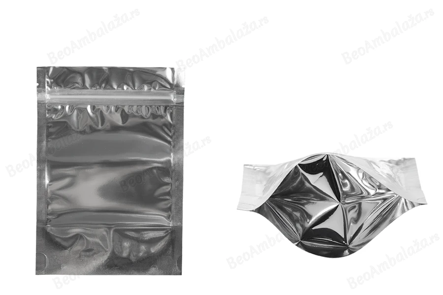 Aluminijumske DoyPack kesice 120x40x170mm sa zipom, transparentnom prednjom stranom, ovalnim dnom i sa mogućnošću termo zatvaranja  – 100kom-slika_proizvoda