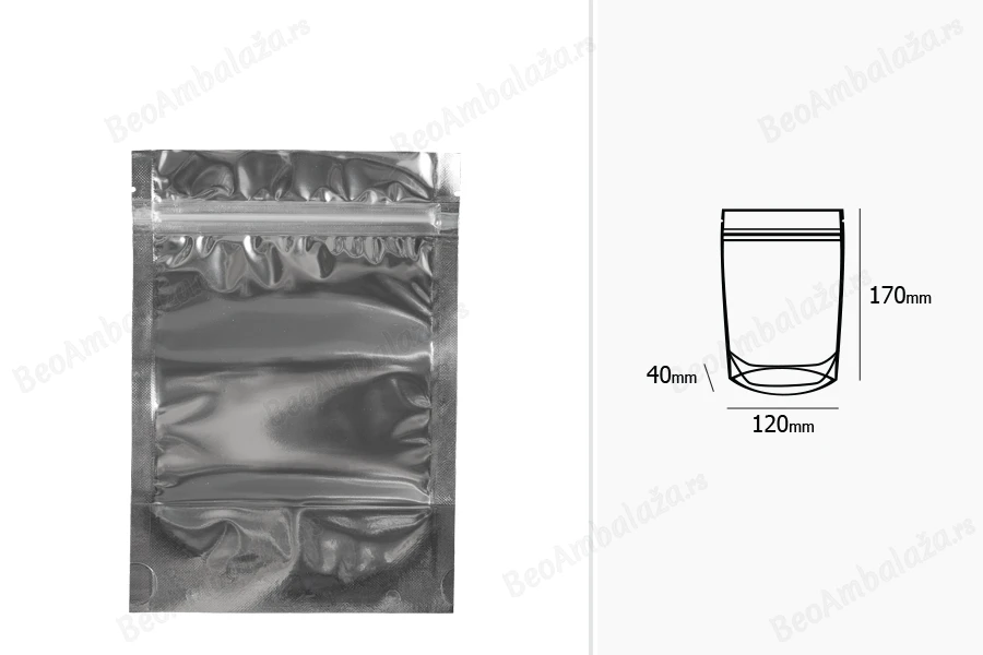Aluminijumske DoyPack kesice 120x40x170mm sa zipom, transparentnom prednjom stranom, ovalnim dnom i sa mogućnošću termo zatvaranja  – 100kom-dimenzije_slike