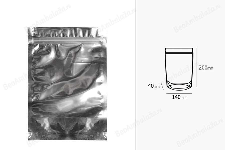 Aluminijumske DoyPack kesice 140x40x200mm sa zipom, transparentnom prednjom stranom, ovalnim dnom i sa mogućnošću termo zatvaranja - 100kom-dimenzije_slike