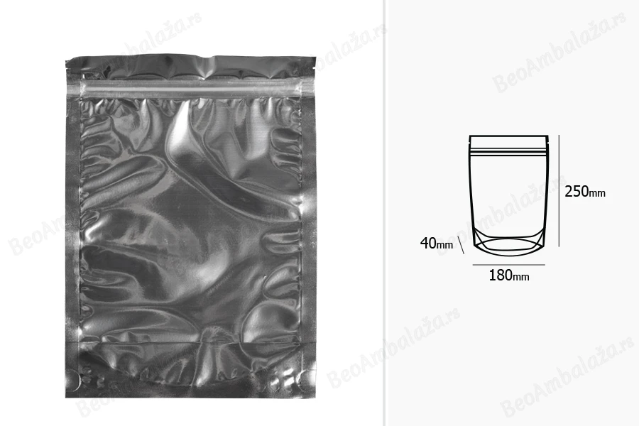 Aluminijumske DoyPack kesice 180x40x250mm sa zipom, transparentnom prednjom stranom, ovalnim dnom i sa mogućnošću termo zatvaranja – 100kom-dimenzije_slike