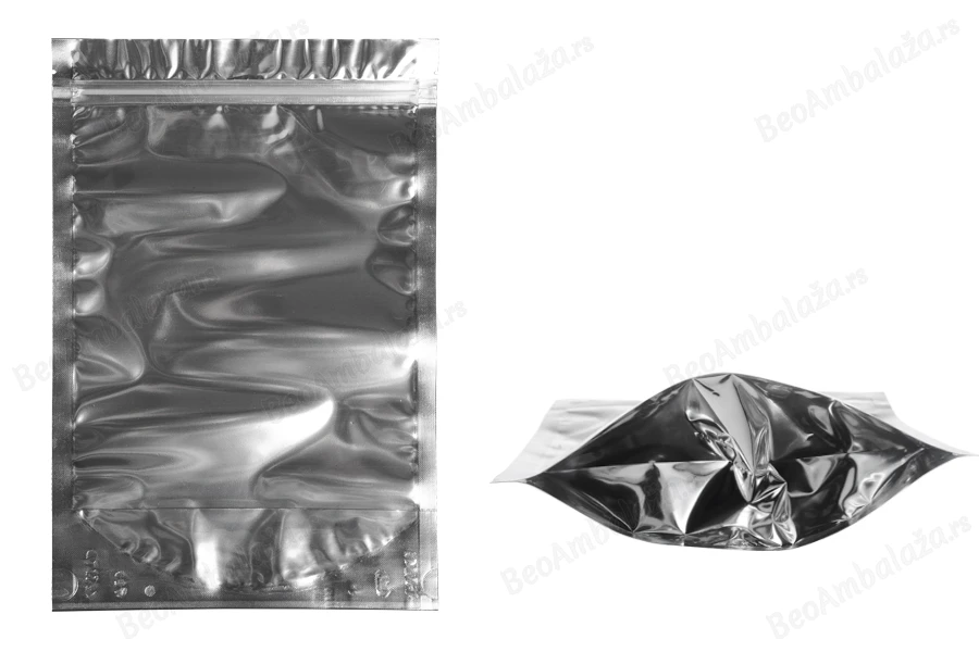 Aluminijumske DoyPack kesice 200x50x300mm sa zipom, transparentnom prednjom stranom, ovalnim dnom i sa mogućnošću termo zatvaranja – 100kom-slika_proizvoda