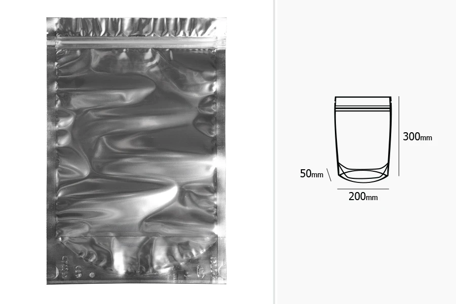 Aluminijumske DoyPack kesice 200x50x300mm sa zipom, transparentnom prednjom stranom, ovalnim dnom i sa mogućnošću termo zatvaranja – 100kom