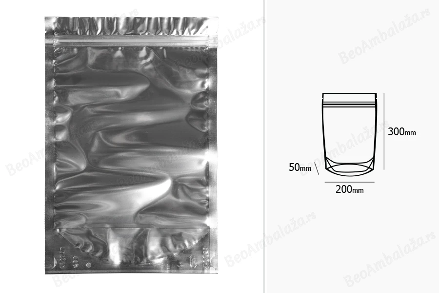 Aluminijumske DoyPack kesice 200x50x300mm sa zipom, transparentnom prednjom stranom, ovalnim dnom i sa mogućnošću termo zatvaranja – 100kom-dimenzije_slike
