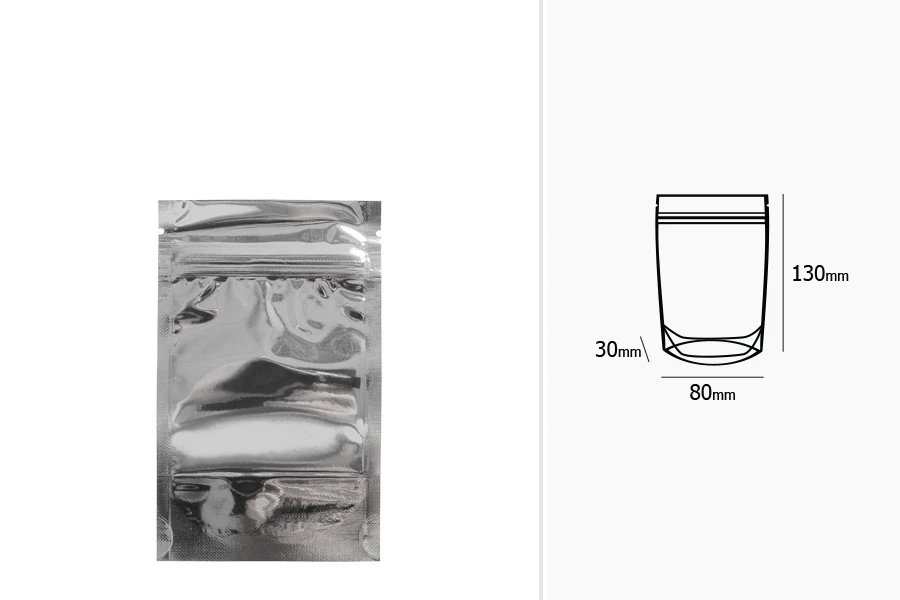 Aluminijumske DoyPack kesice 80x30x130mm sa zipom, transparentnom prednjom stranom, ovalnim dnom i sa mogućnošću termo zatvaranja – 100kom Aluminijumske DoyPack kesice 80x30x130mm sa zipom, transparentnom prednjom stranom, ovalnim dnom i sa mogućnošću termo zatvaranja – 100kom