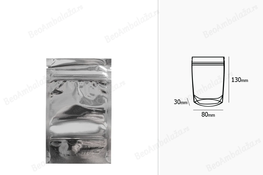 Aluminijumske DoyPack kesice 80x30x130mm sa zipom, transparentnom prednjom stranom, ovalnim dnom i sa mogućnošću termo zatvaranja – 100kom-dimenzije_slike