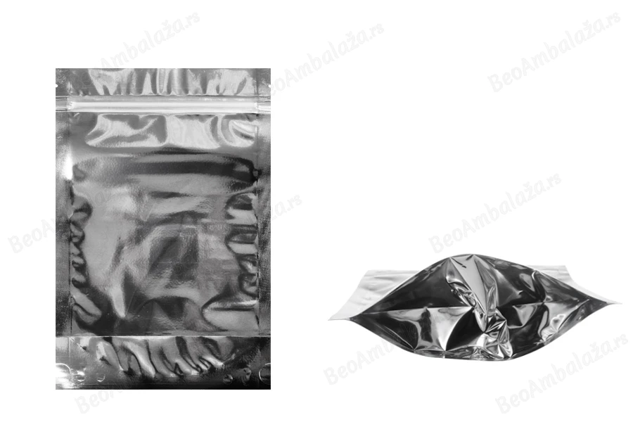 Aluminijumske DoyPack kesice 160x40x240mm sa zipom, transparentnom prednjom stranom, ovalnim dnom i sa mogućnošću termo zatvaranja – 100kom-slika_proizvoda