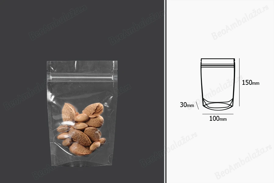 Providne DoyPack kesice sa zip zatvaranjem, ovalnim dnom i sa mogućnošću termo zatvaranja 100x30x150mm - 100 kom-dimenzije_slike
