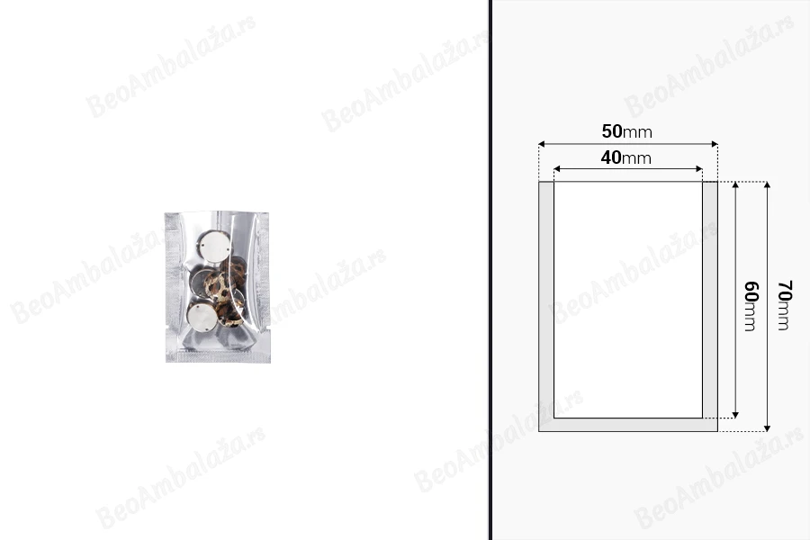 Aluminijumska kesa 50x70mm sa providnom prednjom stranom i mogućnošću toplotnog zatvaranja - 100 kom-dimenzije_slike