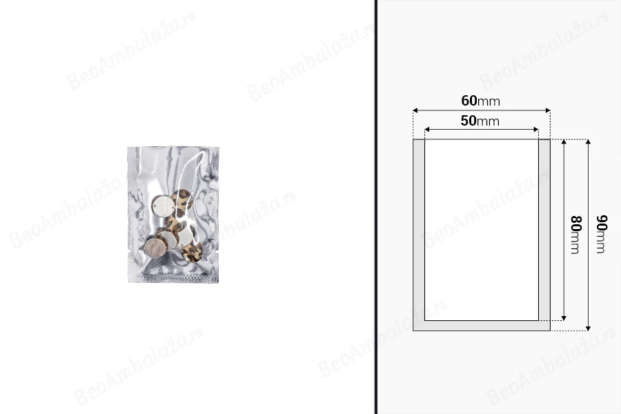 Aluminijumska kesa 60x90mm sa providnom prednjom stranom i mogućnošću toplotnog zatvaranja - 100 kom-dimenzije_slike