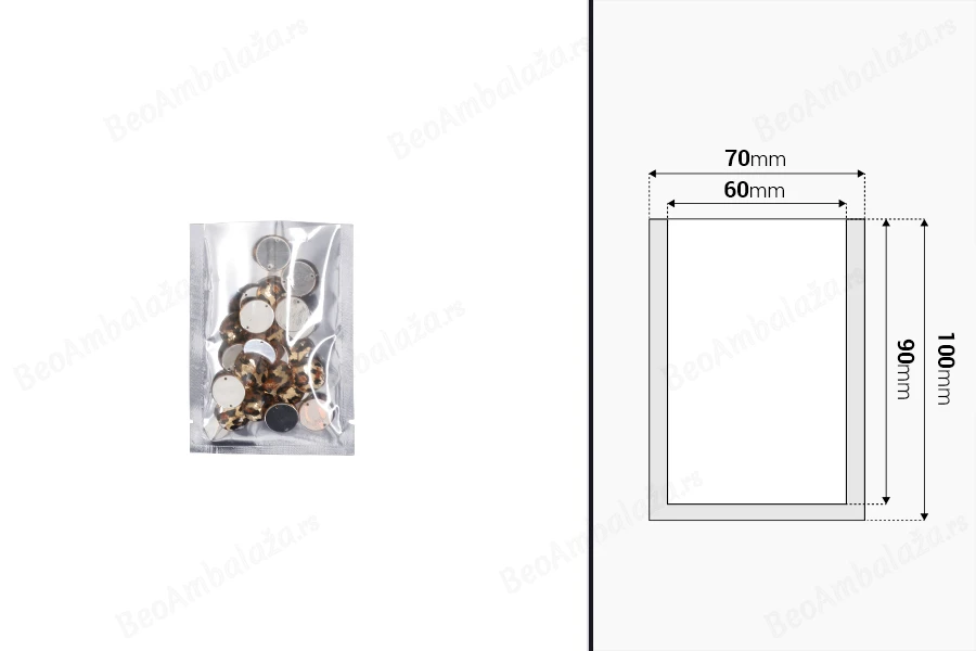 Aluminijumska kesa 70x100mm sa providnom prednjom stranom i mogućnošću toplotnog zatvaranja - 100 kom-dimenzije_slike