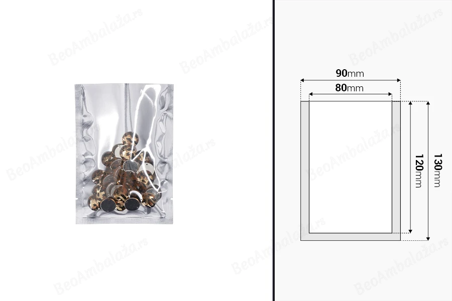 Aluminijumska kesa 90x130mm sa providnom prednjom stranom i mogućnošću toplotnog zatvaranja - 100 kom-dimenzije_slike