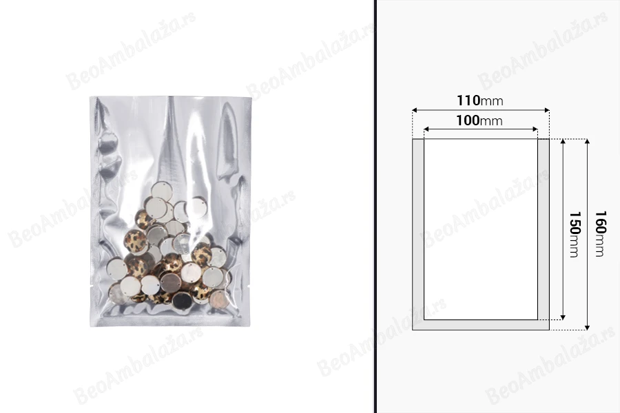 Aluminijumska kesa 110x160mm sa providnom prednjom stranom i mogućnošću toplotnog zatvaranja - 100 kom-dimenzije_slike
