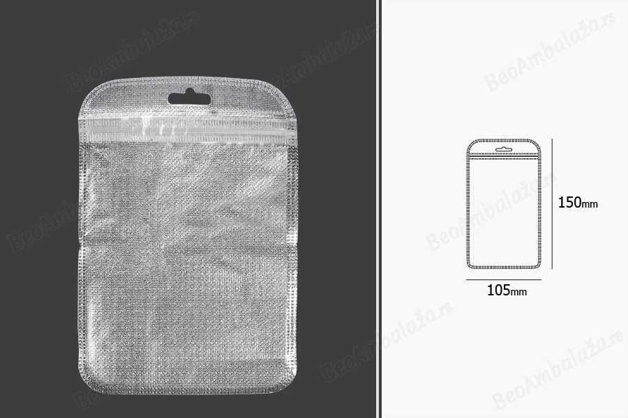 Kesica 105x150mm sa zip zatvaranjem, srebrnom non woven zadnjom i providnom prednjom stranom i sa Eurohole otvorom - 100 kom-dimenzije_slike