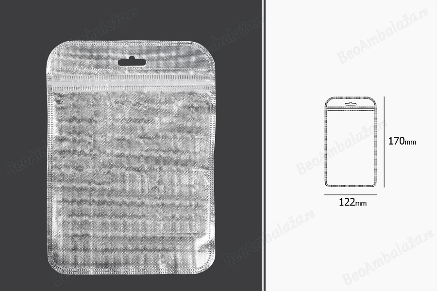 Kesica 122x170mm sa zip zatvaranjem, srebrnom non woven zadnjom i providnom prednjom stranom i sa Eurohole otvorom - 100 kom-dimenzije_slike