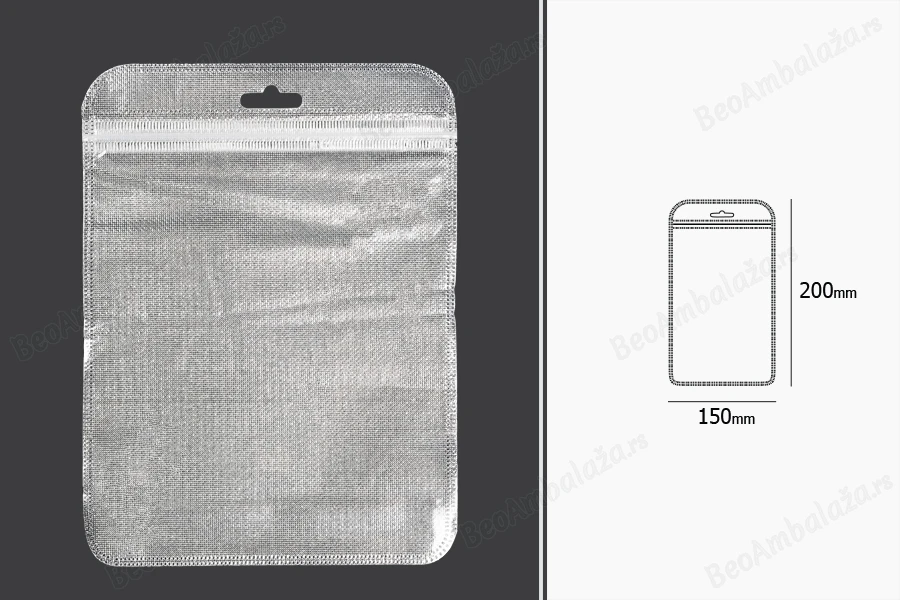 Kesica 150x200mm sa zip zatvaranjem, srebrnom non woven zadnjom i providnom prednjom stranom i sa Eurohole otvorom - 100 kom-dimenzije_slike