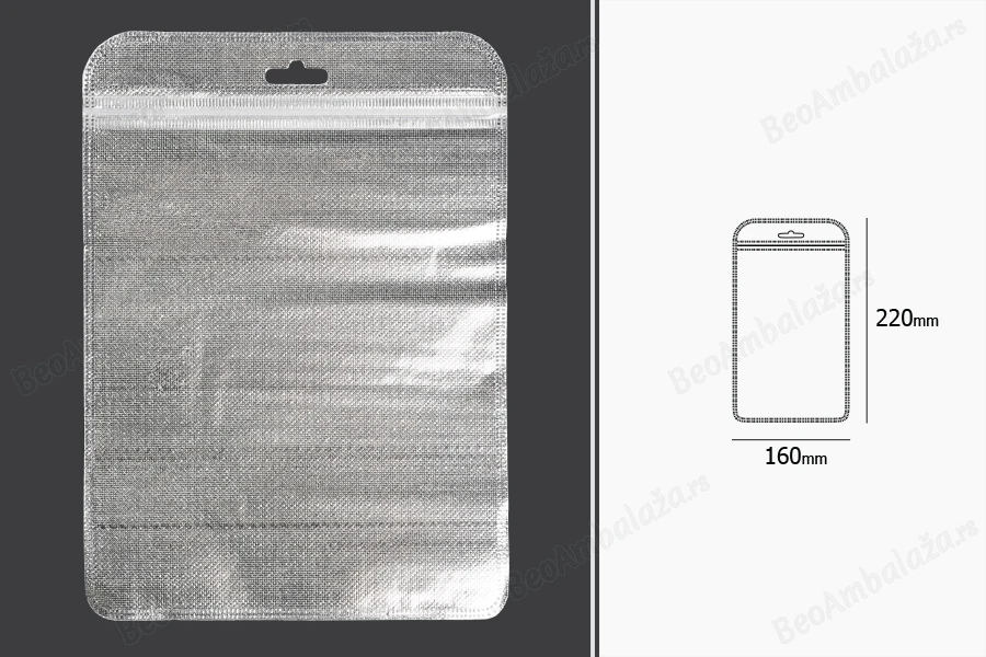 Kesica 160x220mm sa zip zatvaranjem, srebrnom non woven zadnjom i providnom prednjom stranom i sa Eurohole otvorom - 100 kom-dimenzije_slike