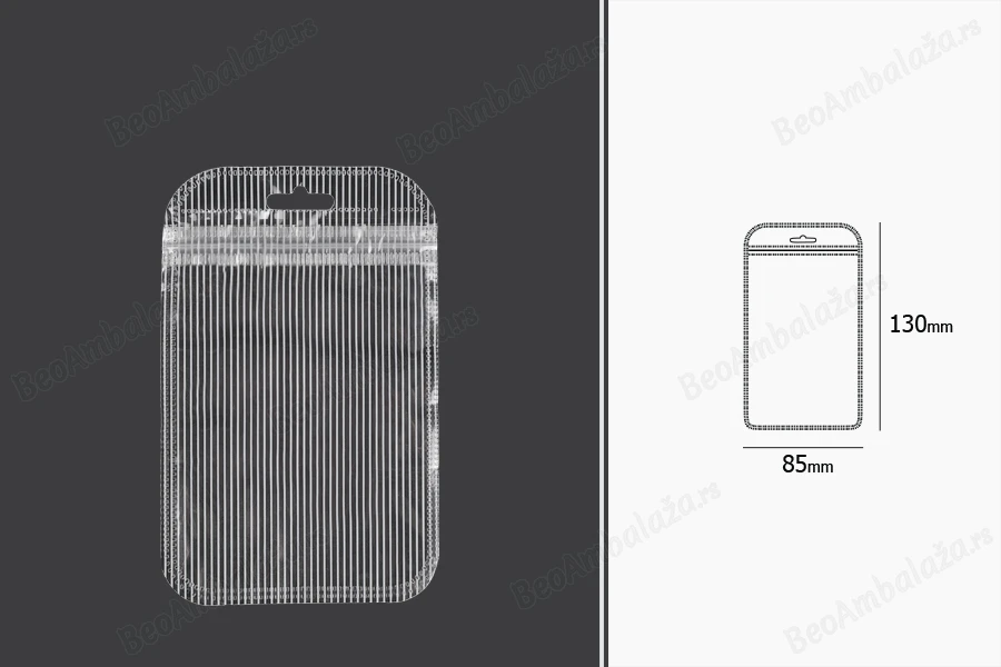 Plastična zip kesica 85x130mm sa providnom prednjom stranom, zadnjom providnom stranom sa linijama i sa Eurohole otvorom - 100 kom-dimenzije_slike