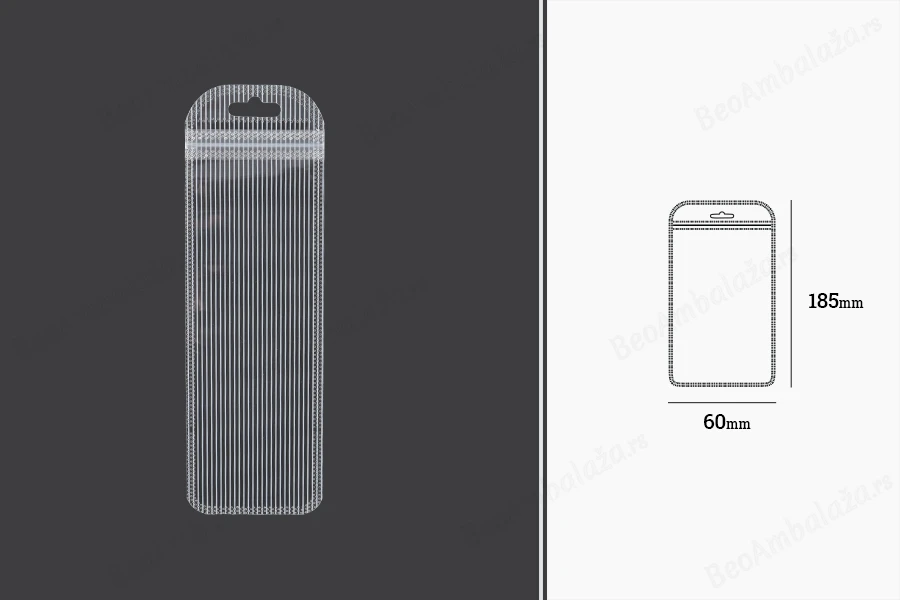 Plastična zip kesica 60x185mm sa providnom prednjom stranom, zadnjom providnom stranom sa linijama i sa Eurohole otvorom - 100 kom-dimenzije_slike