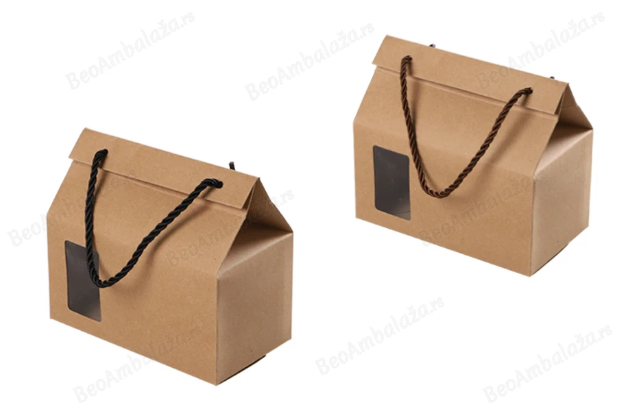 Kutija - paket za pakovanje 180x100x160mm od Kraft papira sa prozorom i ručkom od kanapa - 20 kom-slika_proizvoda
