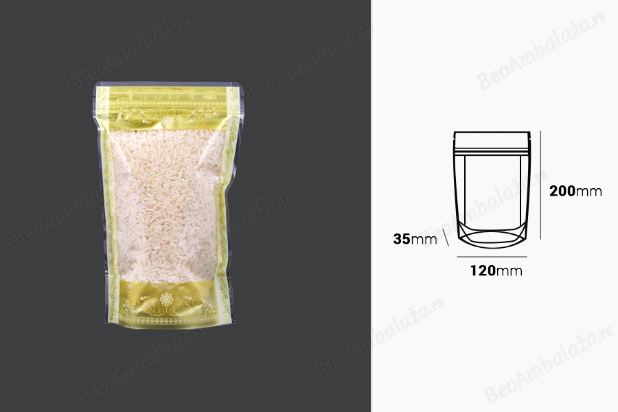 Providna DoyPack kesica sa zip zatvaranjem, zlatnim detaljima i sa mogućnošću termo lepljenja 120x35x200mm – 50kom-dimenzije_slike